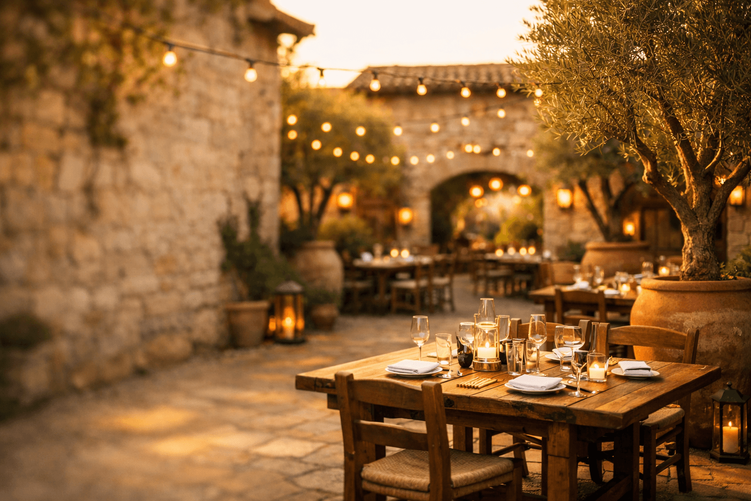 Warm restaurant dining room in morning light.
